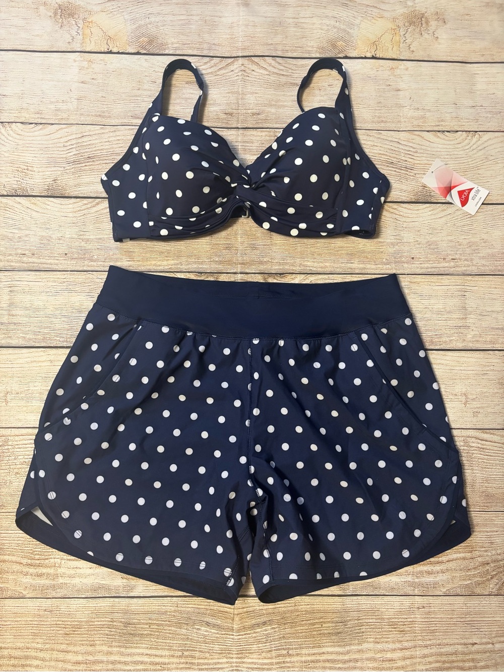 Lands' End Navy/White Polka Dot 2-Piece Underwired D Swim Shorts, 14